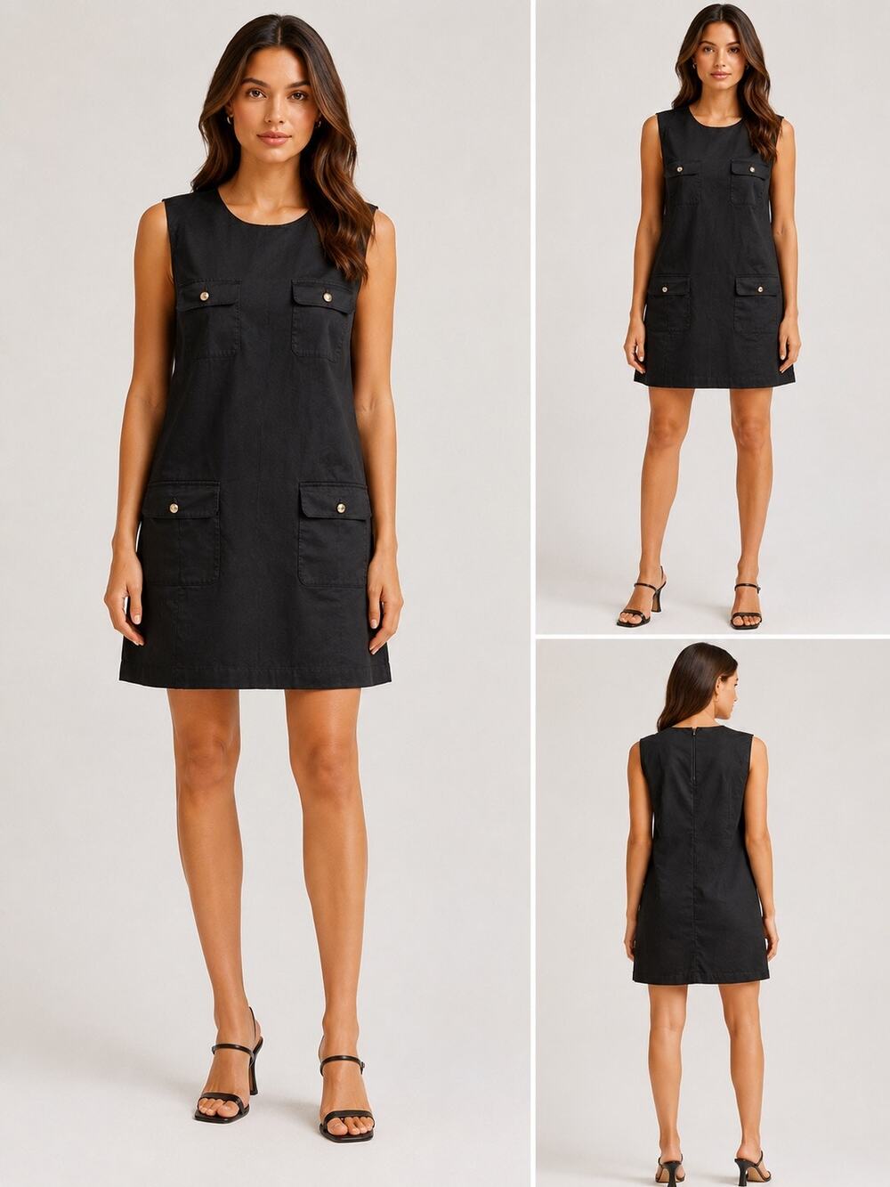 J.Crew Black Utility Shift Dress XL Gold Button 4 Pocket Sleeveless Mini Preppy